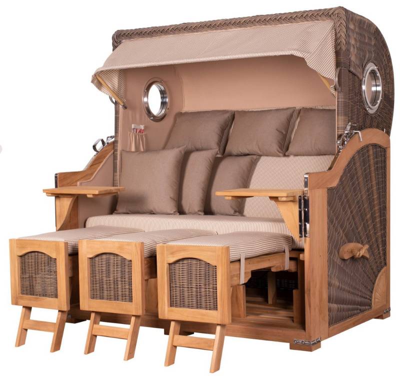 bene living Strandkorb Ammersee 3-Sitzer Teak - PE grau - Modell 510, BxTxH: 170x95x170 cm, Volllieger ca. 175 Grad, Ostsee-Strandkorb Komplettset, inkl. Liftersystem und Bullaugen von bene living