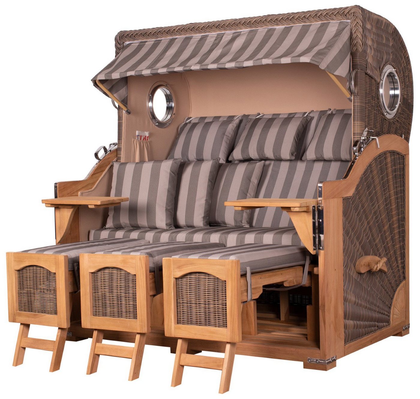 bene living Strandkorb Ammersee 3-Sitzer Teak - PE grau - Modell 537, BxTxH: 170x95x170 cm, Volllieger ca. 175 Grad, Ostsee-Strandkorb Komplettset, inkl. Liftersystem und Bullaugen von bene living