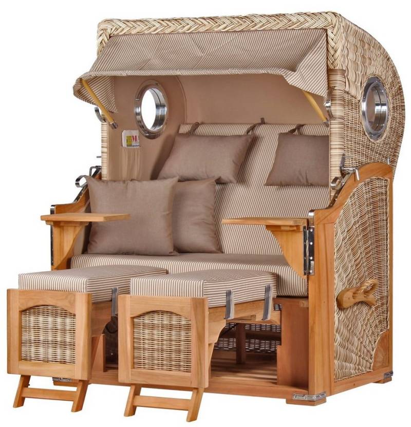 bene living Strandkorb Ammersee 2-Sitzer Teak - PE shell - Modell 510, BxTxH: 125x80x165 cm, Volllieger ca. 175 Grad, Ostsee-Strandkorb, inkl. Liftersystem und Bullaugen von bene living