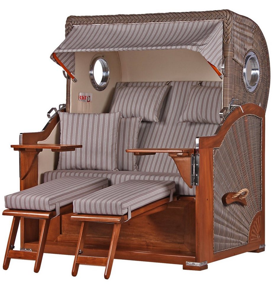 bene living Strandkorb Königssee 2,5-Sitzer Mahagoni, PE grau, Modell 501, BxTxH: 142x95x170 cm, Volllieger ca. 175 Grad, Ostsee-Strandkorb Komplettset, inkl. Liftersystem und Bullaugen von bene living