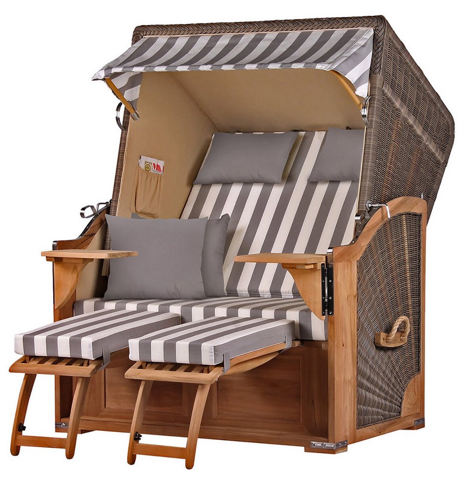 bene living Strandkorb Schaalsee 2-Sitzer Teak - PE grau - Modell 513, BxTxH: 125x80x170 cm, Volllieger ca. 175 Grad, Ostsee-Strandkorb Komplettset, inkl. Liftersystem von bene living