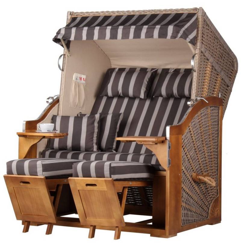 bene living Strandkorb Schleswig Pinie 2-Sitzer - PE mokka - Modell 554, BxTxH: 120x80x160 cm, Volllieger, Ostsee-Strandkorb Komplettset, inkl. Schutzhülle, Glas-/Becherhalter und Doppellenkrollen von bene living