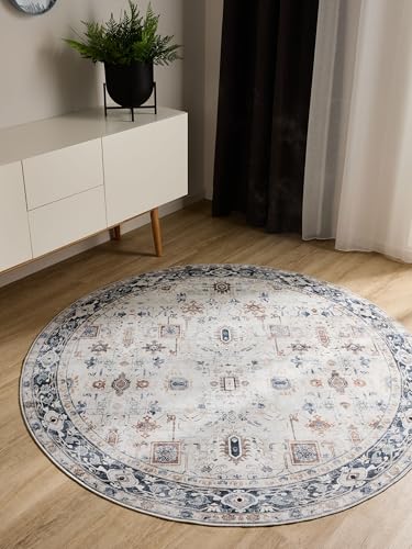benuta Basic Waschbarer Teppich George - Creme/Grau 160 cm Rund - Kunstfaser - Rund & im Style: Vintage, Elegant, Retro - Pflegeleicht für Wohnzimmer Schlafzimmer benuta Basic Waschbarer Teppich George - Creme/Grau 160 cm Rund - Kunstfaser - Rund & im Style: Vintage, Elegant, Retro - Pflegeleicht für Wohnzimmer Schlafzimmer von benuta