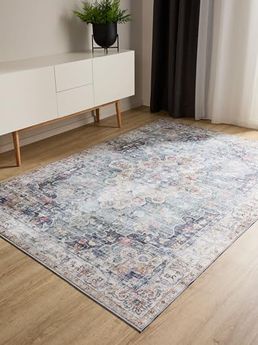 benuta Basic Waschbarer Teppich George - Blau 140x200 cm - Kunstfaser - Rechteckig & im Style: Vintage, Elegant, Retro - Pflegeleicht für Wohnzimmer Schlafzimmer von benuta