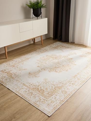 benuta Basic Waschbarer Teppich George - Creme/Gelb 140x200 cm - Kunstfaser - Rechteckig & im Style: Vintage, Elegant, Retro - Pflegeleicht für Wohnzimmer Schlafzimmer von benuta
