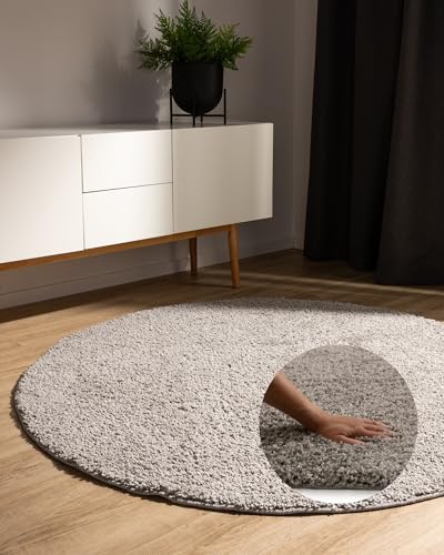 benuta Basic Hochflorteppich Teppich Wohnzimmer Sohari - Hellgrau 80 cm Rund - Minimalistischer Look - Weich & Waschbar - Für Schlafzimmer, Flur oder Esszimmer - Geeignet für Fußbodenheizung von benuta