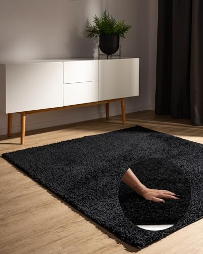 benuta Basic Hochflorteppich Teppich Wohnzimmer Sohari - Schwarz 160x160 cm - Minimalistischer Look - Weich & Waschbar - Für Schlafzimmer, Flur oder Esszimmer - Geeignet für Fußbodenheizung von benuta