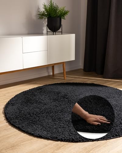benuta Basic Hochflorteppich Teppich Wohnzimmer Sohari - Schwarz 160 cm Rund - Minimalistischer Look - Weich & Waschbar - Für Schlafzimmer, Flur oder Esszimmer - Geeignet für Fußbodenheizung von benuta