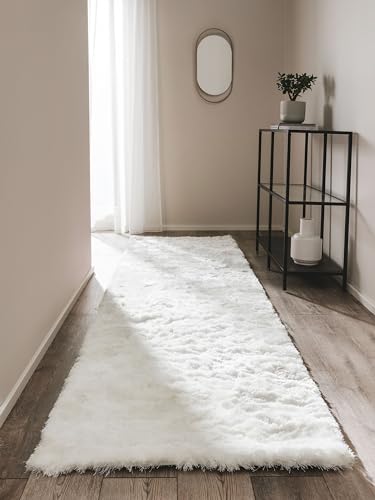 benuta Nest Hochflorteppich Whisper - Kunstfaser - Läufer & im Style: Uni, Elegant - Pflegeleicht für Wohnzimmer Schlafzimmer, Weiß, 80x300 cm von benuta