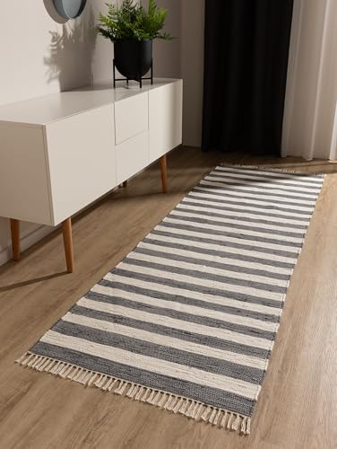 benuta Pop Baumwollteppich Tom - Grau/Creme 70x200 cm - Handgewebter Wohnzimmer Teppich - 100% Recycelte Baumwolle - Für Fußbodenheizung geeignet von benuta