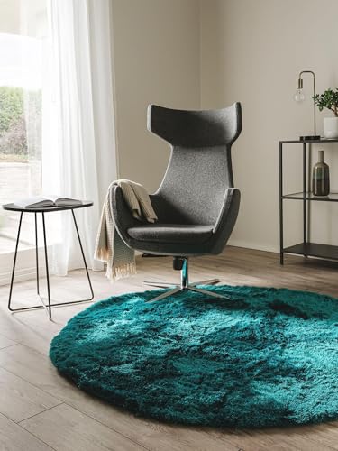 benuta Nest Hochflorteppich Whisper - Kunstfaser - Rund & im Style: Uni, Elegant - Pflegeleicht für Wohnzimmer Schlafzimmer, Türkis, ø 80 cm rund von benuta