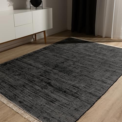 benuta Pop Baumwollteppich Tom - Schwarz 60x100 cm - Handgewebter Wohnzimmer Teppich - 100% Recycelte Baumwolle - Für Fußbodenheizung geeignet von benuta