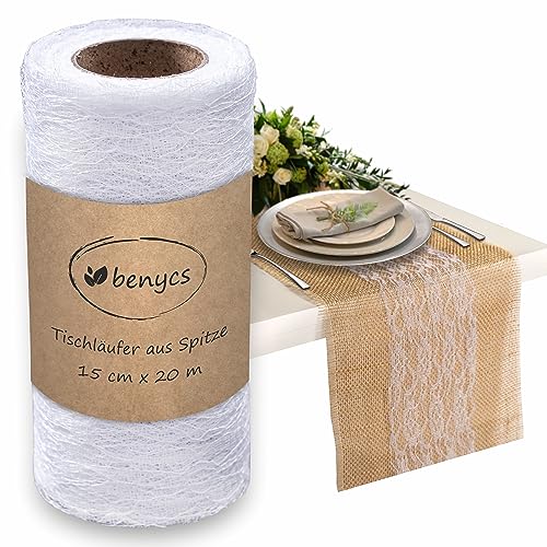 Benycs Tischläufer Spitze - Weißer Tischläufer mit zarter Spitze – Dekoband für Vintage Hochzeit, Konfirmation und Kommunion – Schmaler Tischläufer weiß (15 cm x 20 m) von benycs