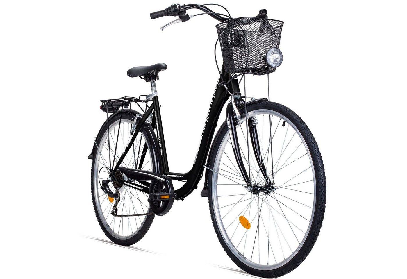 bergsteiger Cityrad Florenz 28 Zoll Damenfahrrad mit Korb, Beleuchtung, ab 160 cm, 7 Gang Shimano Tourney RD-TY21 Schaltwerk, Kettenschaltung von bergsteiger