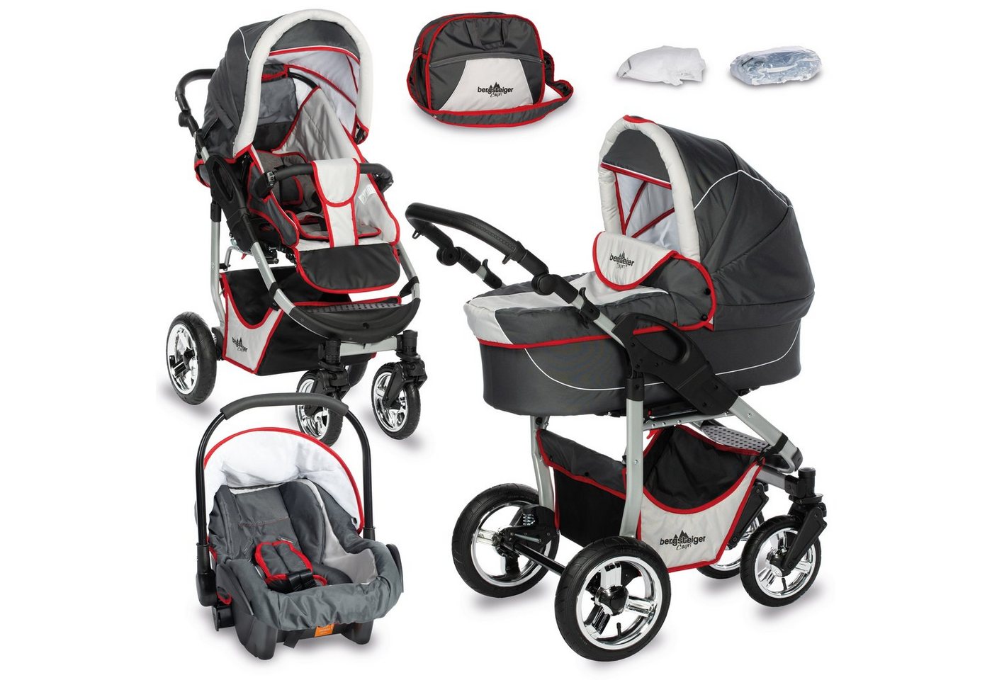 bergsteiger Kombi-Kinderwagen Babywagen Capri 3in1, Kombikinderwagen Komplettset inkl. Zubehör - Babyschale, Buggy-Aufsatz, Sonnenschutz & Wetterfußsack, Federleichtes Gewicht, (10-tlg) von bergsteiger