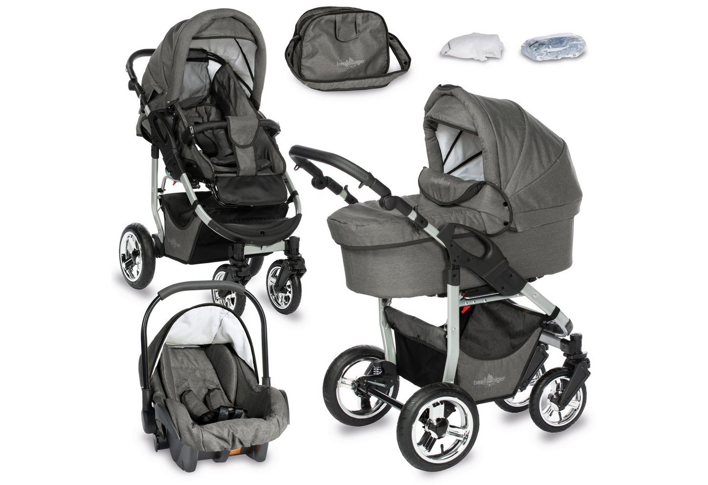 bergsteiger Kombi-Kinderwagen Babywagen Capri 3in1, Kombikinderwagen Komplettset inkl. Zubehör - Babyschale, Buggy-Aufsatz, Sonnenschutz & Wetterfußsack, Federleichtes Gewicht, (10-tlg) von bergsteiger