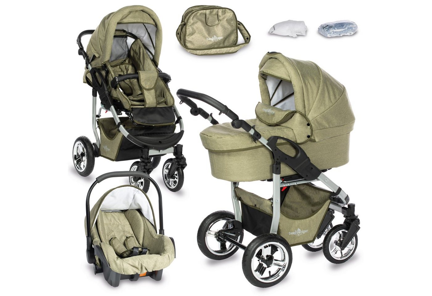 bergsteiger Kombi-Kinderwagen Babywagen Capri 3in1, Kombikinderwagen Komplettset inkl. Zubehör - Babyschale, Buggy-Aufsatz, Sonnenschutz & Wetterfußsack, Federleichtes Gewicht, (10-tlg) von bergsteiger