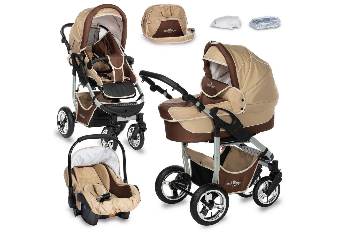 bergsteiger Kombi-Kinderwagen Babywagen Capri 3in1, Kombikinderwagen Komplettset inkl. Zubehör - Babyschale, Buggy-Aufsatz, Sonnenschutz & Wetterfußsack, Federleichtes Gewicht, (10-tlg) von bergsteiger