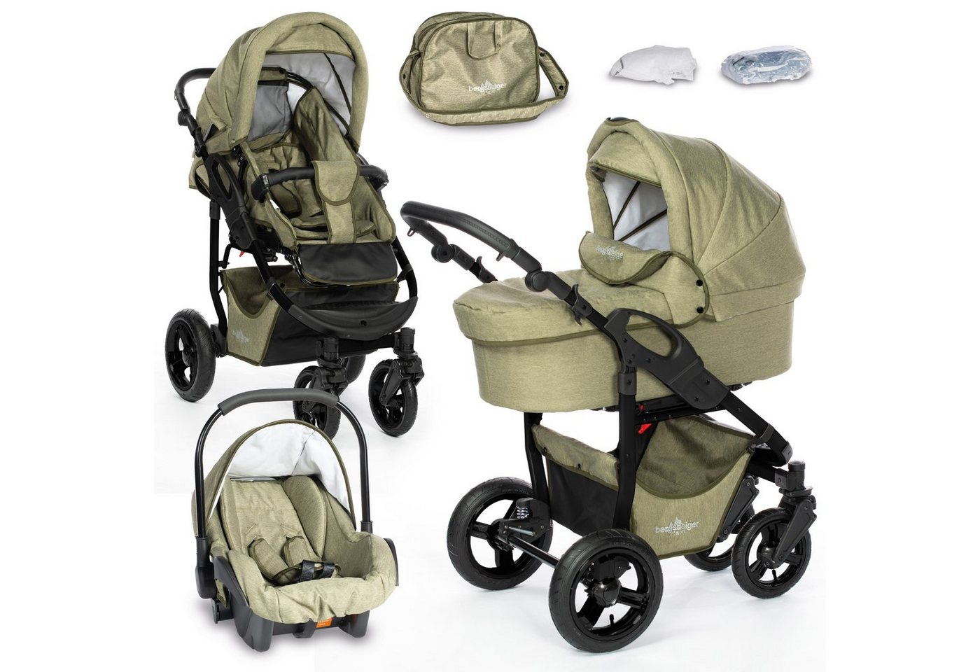 bergsteiger Kombi-Kinderwagen Babywagen Capri 3in1, Kombikinderwagen Komplettset inkl. Zubehör - Babyschale, Buggy-Aufsatz, Sonnenschutz & Wetterfußsack, Federleichtes Gewicht, (10-tlg) von bergsteiger