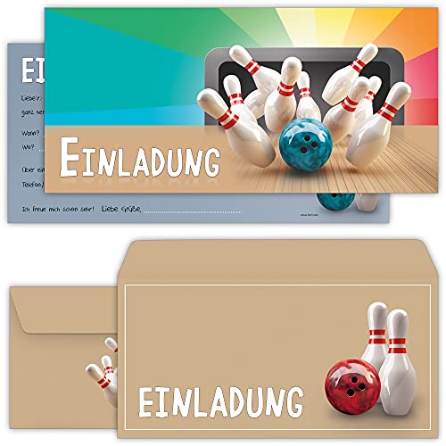 beriluDesign Bowling Einladungskarten mit Umschlägen – 12er Set zum Kindergeburtstag mit Bowling-Bahn Motiv von beriluDesign