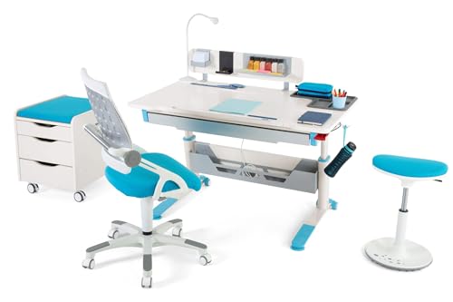 Creo Höhenverstellbares modernes Schreibtischset | Computertisch für Heimbüro | Kabelmanagement | Computer Schreibtisch Set, Büro Schreibtischset, Arbeitszimmer Schreibtisch Set (Ecru / Blau) von berrakcreo