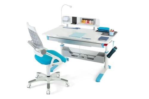 Creo Höhenverstellbares modernes Schreibtischset | Computertisch für Heimbüro | Kabelmanagement | Computer Schreibtisch Set, Büro Schreibtischset, Arbeitszimmer Schreibtisch Set (Weiß / Blau) von berrakcreo