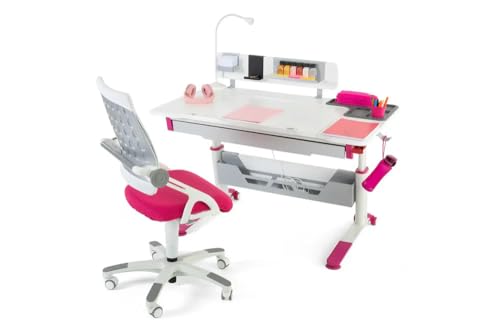 Creo Höhenverstellbares modernes Schreibtischset | Computertisch für Heimbüro | Kabelmanagement | Computer Schreibtisch Set, Büro Schreibtischset, Arbeitszimmer Schreibtisch Set (Weiß / Fuchsia) von berrakcreo