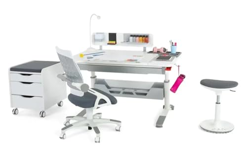 Creo Höhenverstellbares modernes Schreibtischset | Computertisch für Heimbüro | Kabelmanagement | Computer Schreibtisch Set, Büro Schreibtischset, Arbeitszimmer Schreibtisch Set (Weiß / Grau) von berrakcreo