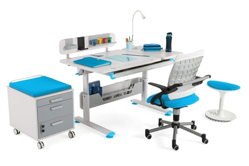 Creo Modernes, Ergonomisches Schreibtischset mit Höhenverstellbaren Schubladen | Kabelmanagement | Computer Schreibtisch Set, Büro Schreibtisch Set, Arbeitszimmer Schreibtischset (Weiß / Blau) von berrakcreo