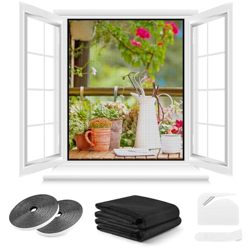 Fliegengitter Fenster ohne Bohren,DIY 150x250cm,2 Stück,Kann auf die Gewünschte Größe Zugeschnitten werden,Verdicktes Netz,Insektenschutz Fenster mit Klettband+Zuschneider+Presshilfe,Schwarz von berssen
