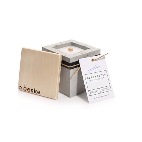 Betonfeuer® - Das Original der Beske-Manufaktur | Modell 'Pico' | 10x10x10cm mit Dauerdocht | (Ohne Nachfüllwachs, Löschbrett aus Holz) von beske