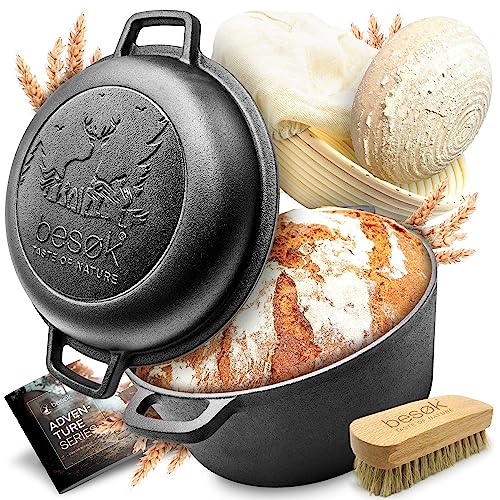 besøk Brottopf Set [inkl. Gärkorb + Bürste + Rezeptheft] Anti-Haft Patina Gusseisen Topf ⌀26 cm [5,5 Liter] zum Brot backen - Brotbackform induktionsgeeignet eingebrannt rund mit Deckel von besok