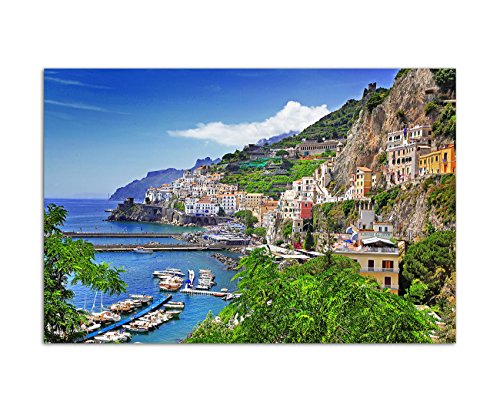 120x80cm - Amalfi Italien Meer Küste Dorf Hafen Boote - Bild auf Keilrahmen modern stilvoll - Bilder und Dekoration von bestforhome