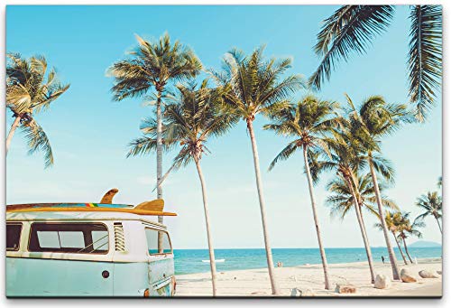 120x80cm Leinwandbild Van Bus mit Surfbrett am Strand mit Palmen Leinwand auf Holzrahmen von bestforhome