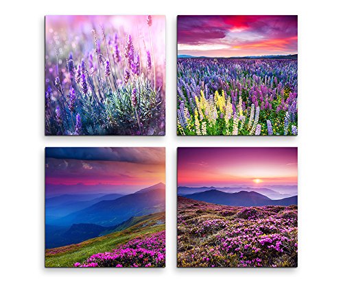 4 Bilder je 30x30cm Leinwandbilder Wasserfest Leinwanddruck Lavendel Blumenwiese Sommer Frühlingsgefühle Lila Farben zum verlieben! von bestforhome