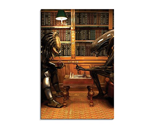 bestforhome Alien vs Predator Playing Chess 90x60cm Bild als Schoener Kunstdruck auf echter Leinwand als Wandbild auf Keilrahmen von bestforhome