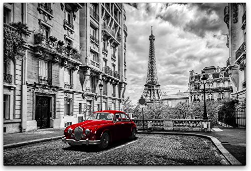 bestforhome 120x80cm Leinwandbild roter Oldtimer in Paris Altstadt mit Eiffelturm schwarz-weiß Leinwand auf Holzrahmen von bestforhome