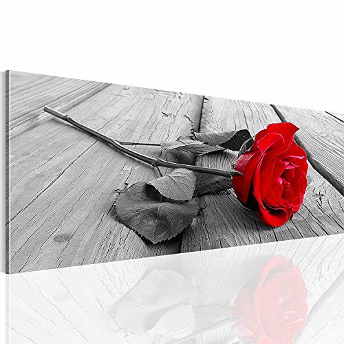 bestforhome Rose in schwarz-weiß mit roten Blättern, 100x40cm auf Leinwand von bestforhome