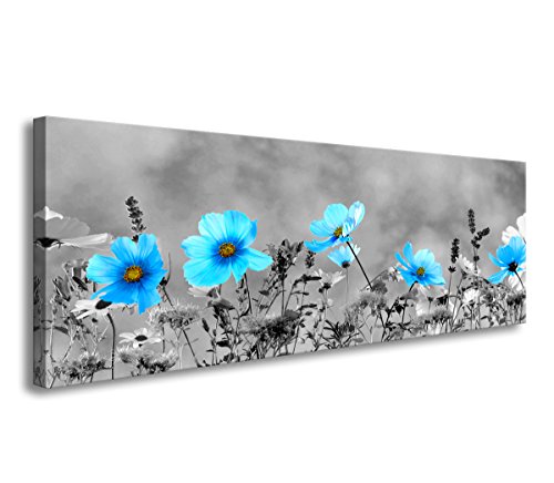 bestpricepictures 120 x 40 cm Bild auf Leinwand Blaue Blumen 5733-SCT deutsche Marke und Lager - Die Bilder/das Wandbild/der Kunstdruck ist fertig gerahmt von Visario