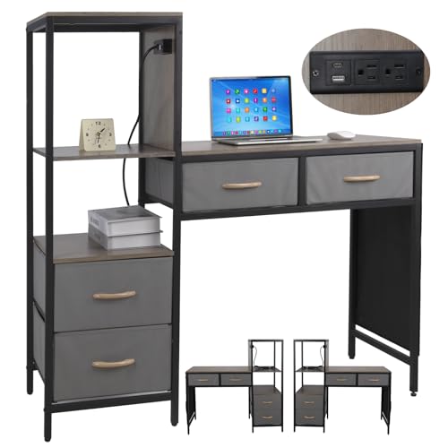 bestyks Schreibtisch mit 4 Schubladen, Computertisch mit 2 Steckdosen und 2 USB Ladeanschluss, PC Tisch mit Regal fürs Wohnzimmer, Büro120cm*40cm*120cm (StyleB) von bestyks