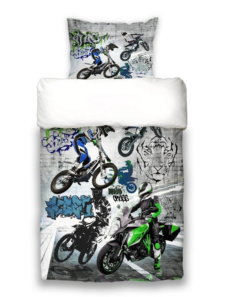 Jugendbettwäsche Graffiti, beties, 100% feinste Baumwolle, 2 teilig, Wendebettwäsche-Set ca. 155x220 cm + 80x80 cm Graffiti-Motocross von beties