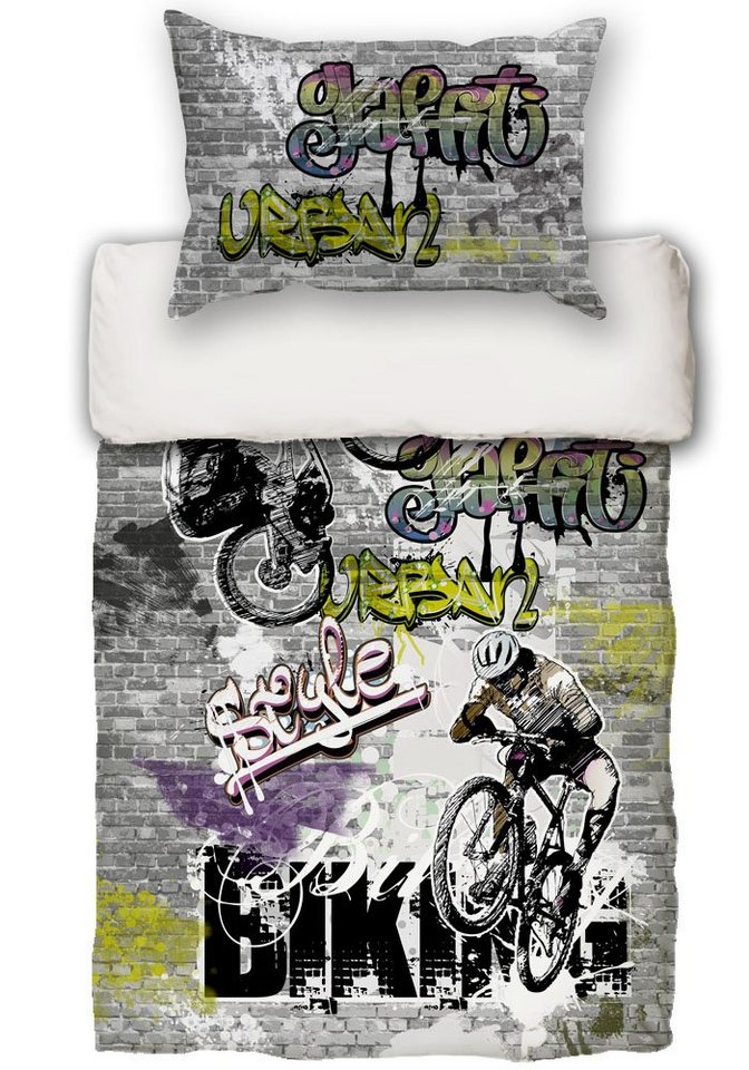 beties Jugendbettwäsche Graffiti, 100% feinste Baumwolle, 2 teilig, Wendebettwäsche-Set ca. 155x220 cm + 80x80 cm Graffiti-Move von beties