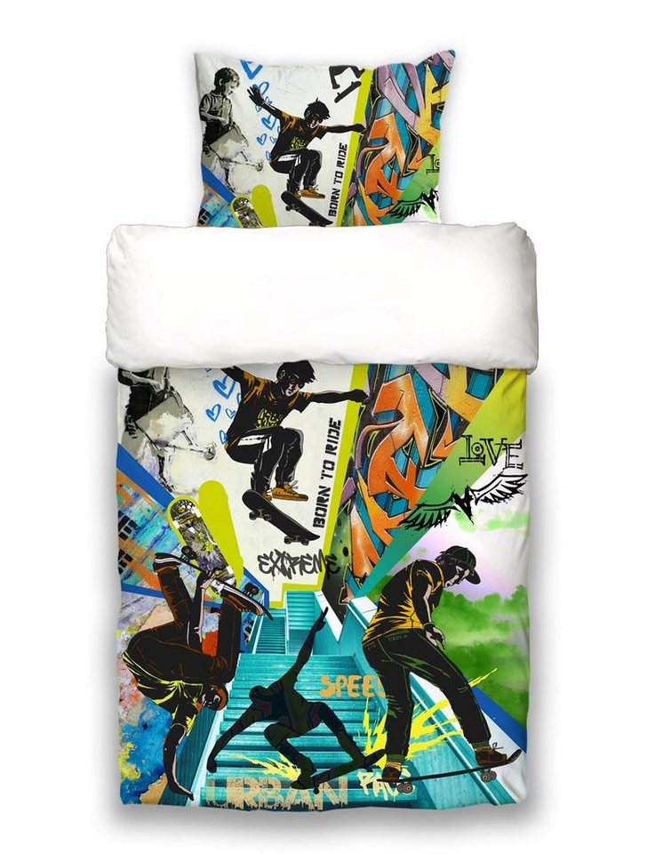 Jugendbettwäsche Graffiti, beties, 100% feinste Baumwolle, 2 teilig, Wendebettwäsche-Set ca. 155x220 cm + 80x80 cm Graffiti-Skateboard von beties