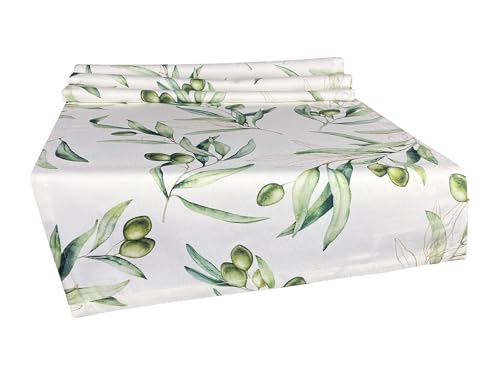 Tischläufer Olive ca. 40x270 cm – beties Italy Collection 100 % Baumwolle – Premium Qualität – weiß mit grünen Oliven und zart goldenen Details von beties