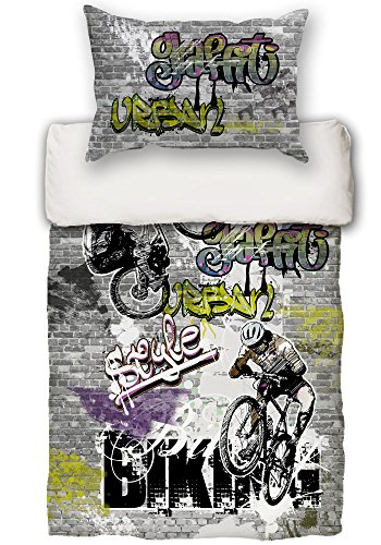 beties Graffiti-Move Jugend Wende Bettwäsche-Set ca. 155x220/80x80 cm digitaler Biking Cool feinste Baumwolle Graphit von beties