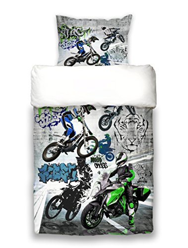 beties Motocross Graffiti Jugend Wende Bettwäsche ca. 155x220 cm und 80x80 cm Motorrad Cool feinste Baumwolle Graphit-weiß von beties
