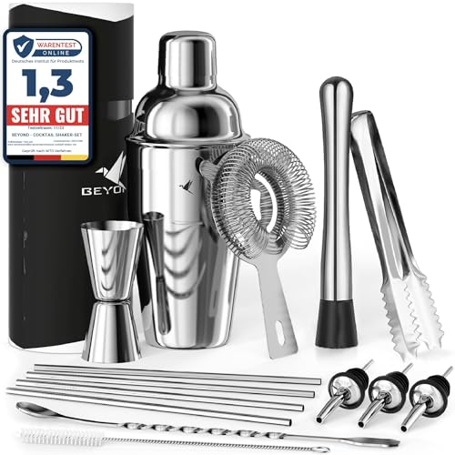 Beyond 15-teiliges Cocktail Shaker Set - Edelstahl Cocktail Set mit Bar Zubehör in Geschenkbox - Set mit Sieb, Messbecher, Jigger, Stössel, Löffel - Edles Cocktailmixer Barset - Cocktailshaker Set von Beyond