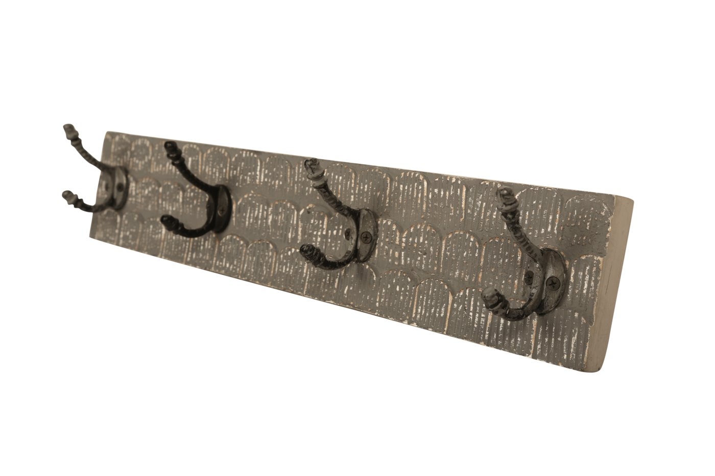 bhp Wandgarderobe aus Holz braungrau gemustert mit 4 Metallhaken,Front geschnitzt von bhp