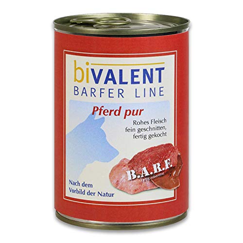 biVALENT BarferLine Pferd pur 12 x 400g - 100% Pferd nach dem Vorbild der Natur - Rohes Fleisch, fein geschnitten, fertig gekocht (12x400g) von biVALENT