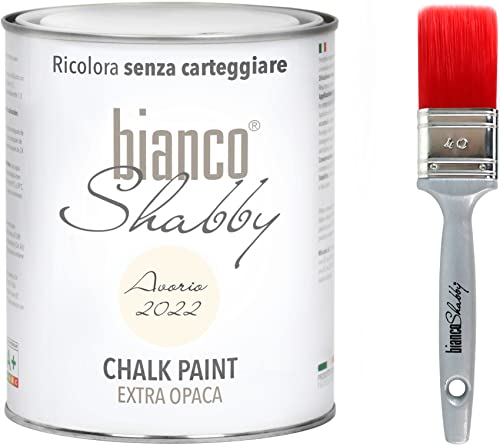 CHALK PAINT Elfenbein 2022 & Pinsel – Shabby Chic Vintage Extra Opace (1 Liter) + Professioneller Pinsel (40 mm) von bianco Shabby